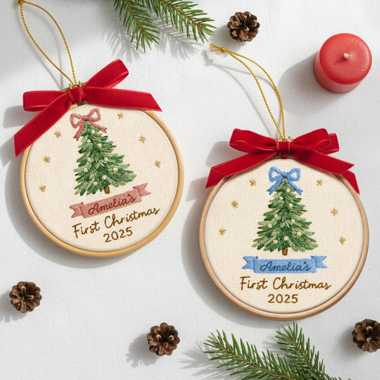 Personalized Baby’s First Christmas Embroidery Ornament – Pink or Blue Bow