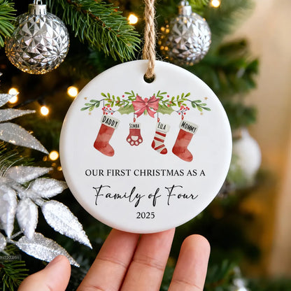 Our First Christmas Ceramic Ornament – Custom Family & Pet Keepsake 2–6 Members