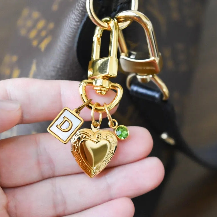 Personalized Heart Locket Keychain & Bag Charm – Custom Initials & Birthstones