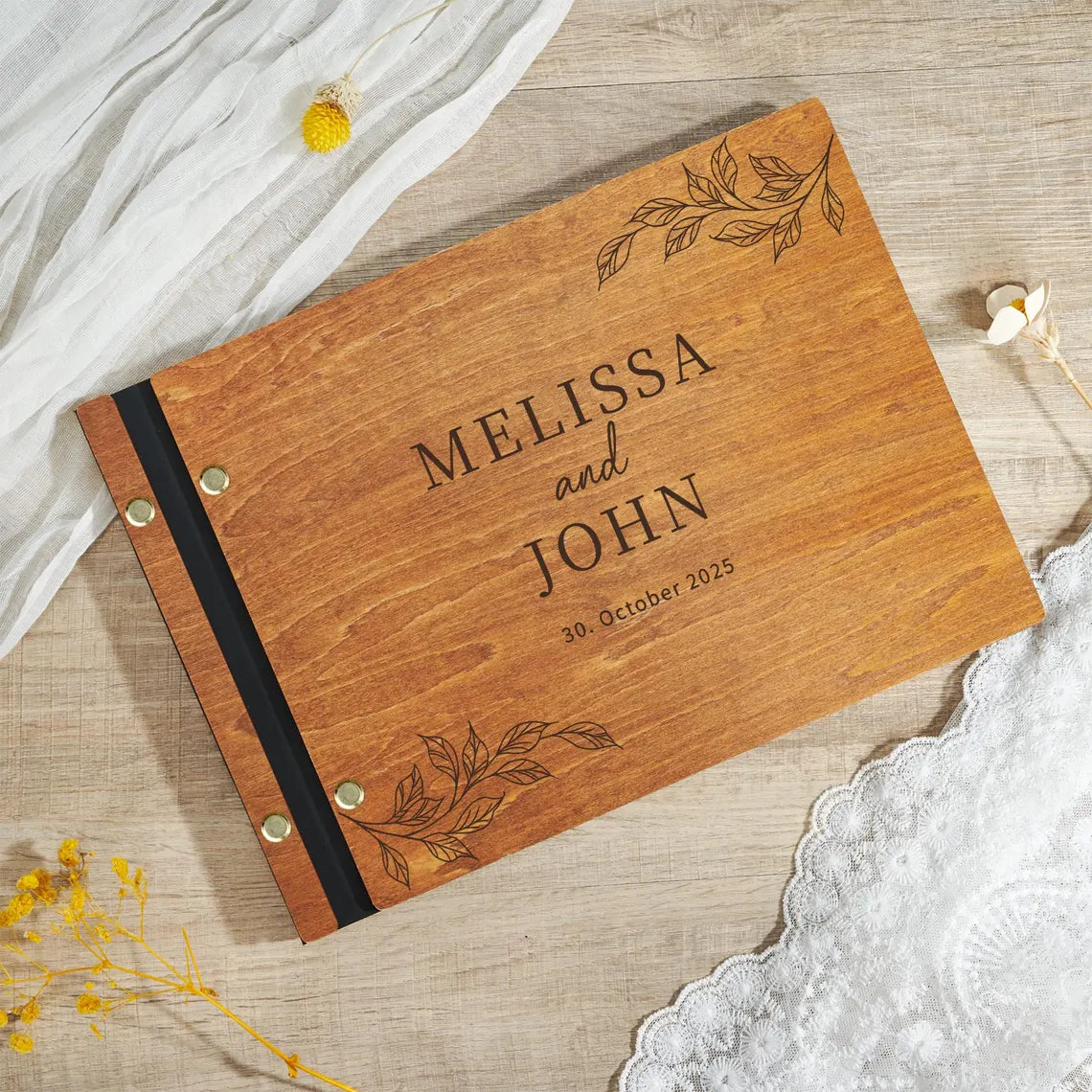 Custom Wooden Wedding Guest Book – Engraved & Personalized