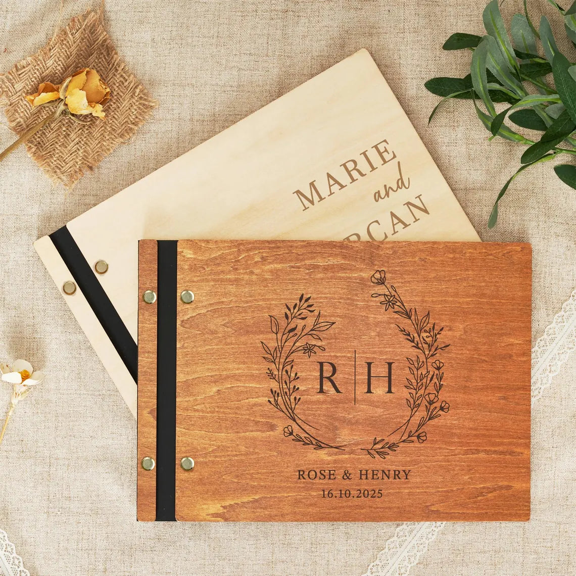 Custom Wooden Wedding Guest Book – Engraved & Personalized