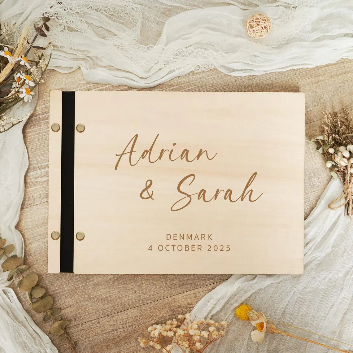 Custom Wooden Wedding Guest Book – Engraved & Personalized