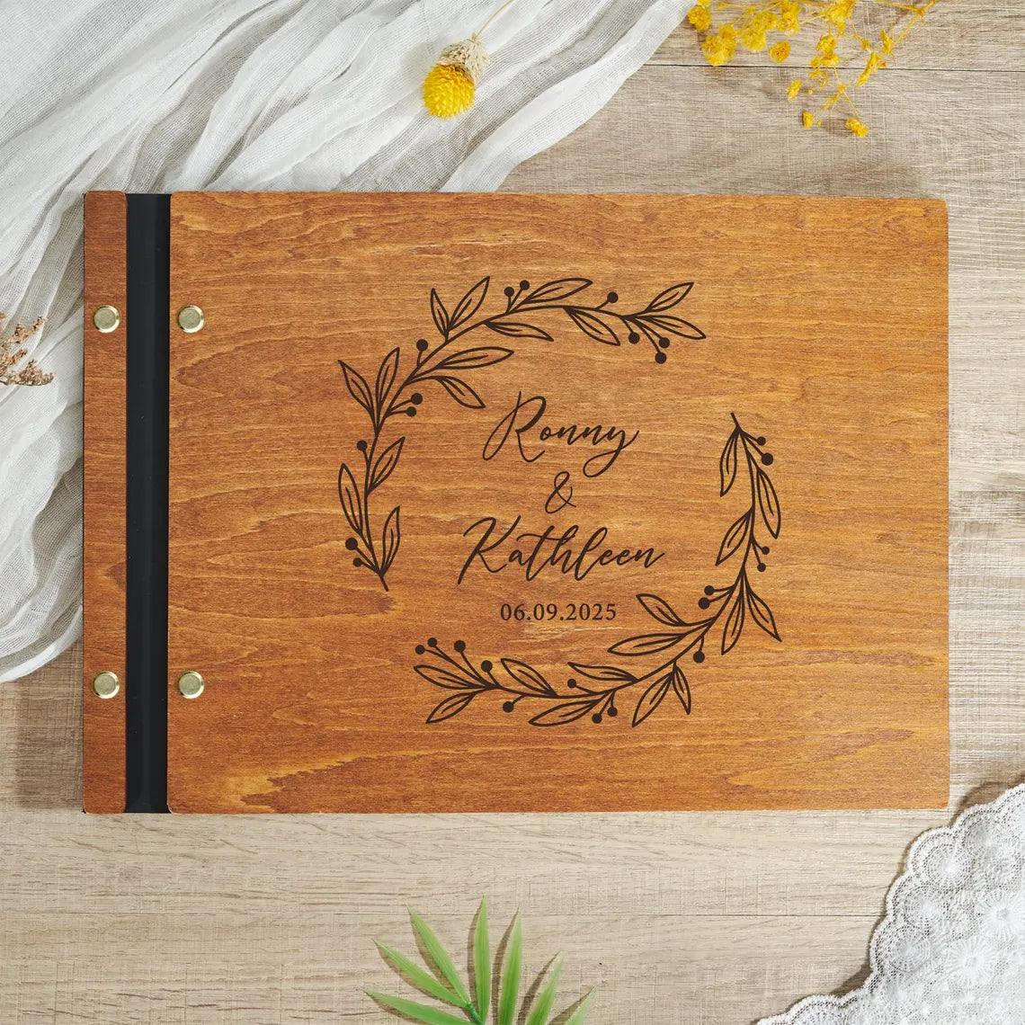Custom Wooden Wedding Guest Book – Engraved & Personalized