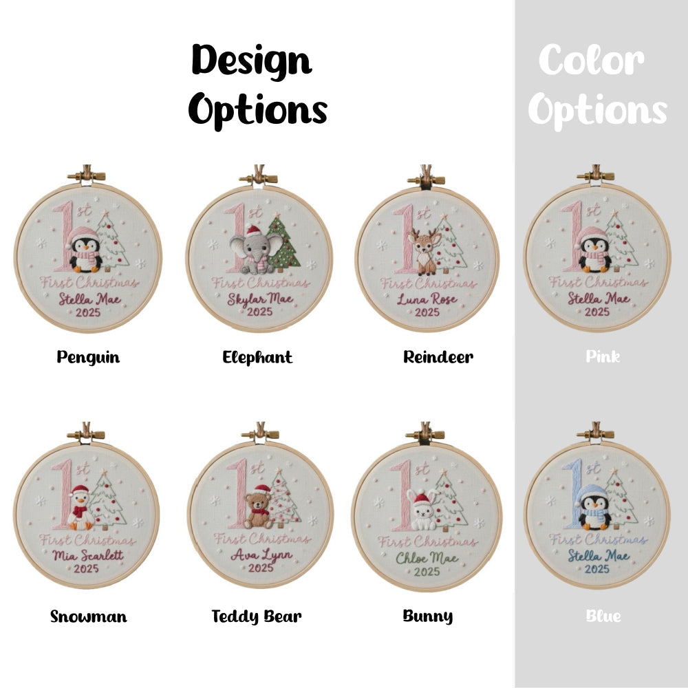 Baby’s First Christmas Embroidered Ornament – Penguin, Elephant & More