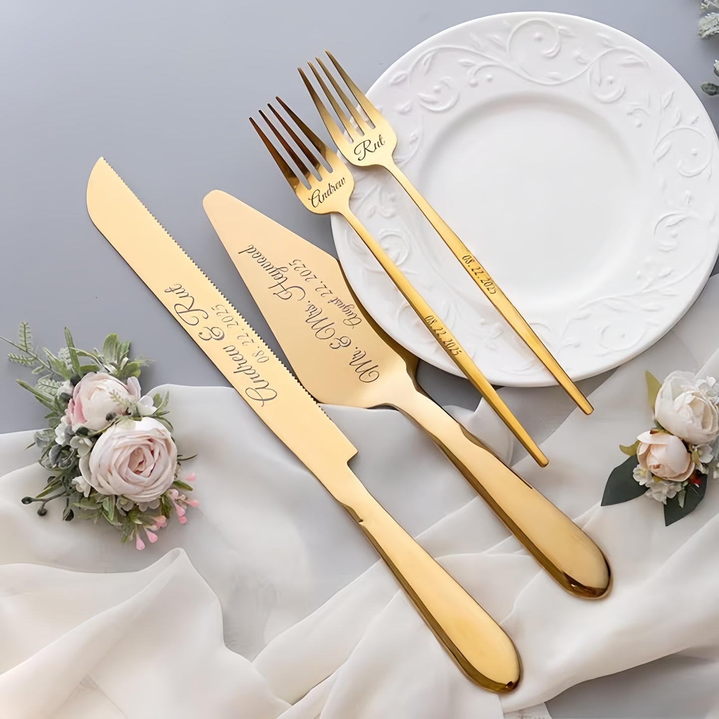 Personalized Wedding Cake Cutting Set – Knife, Server & Forks