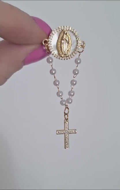 Faith & Elegance – Virgin Mary Rosary Pin with Mother of Pearl Accent